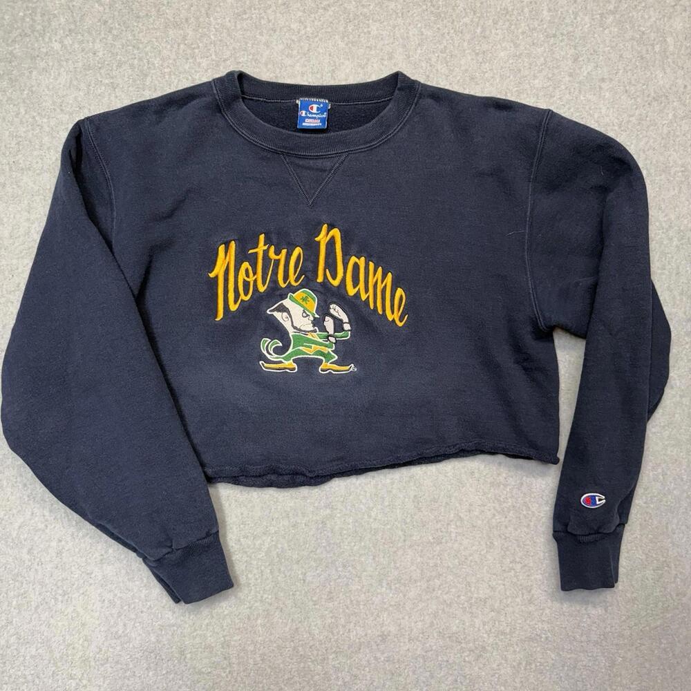 Champion Notre Dame Cropped Crewneck 1990s Vintage Size XL Blue Made In USA